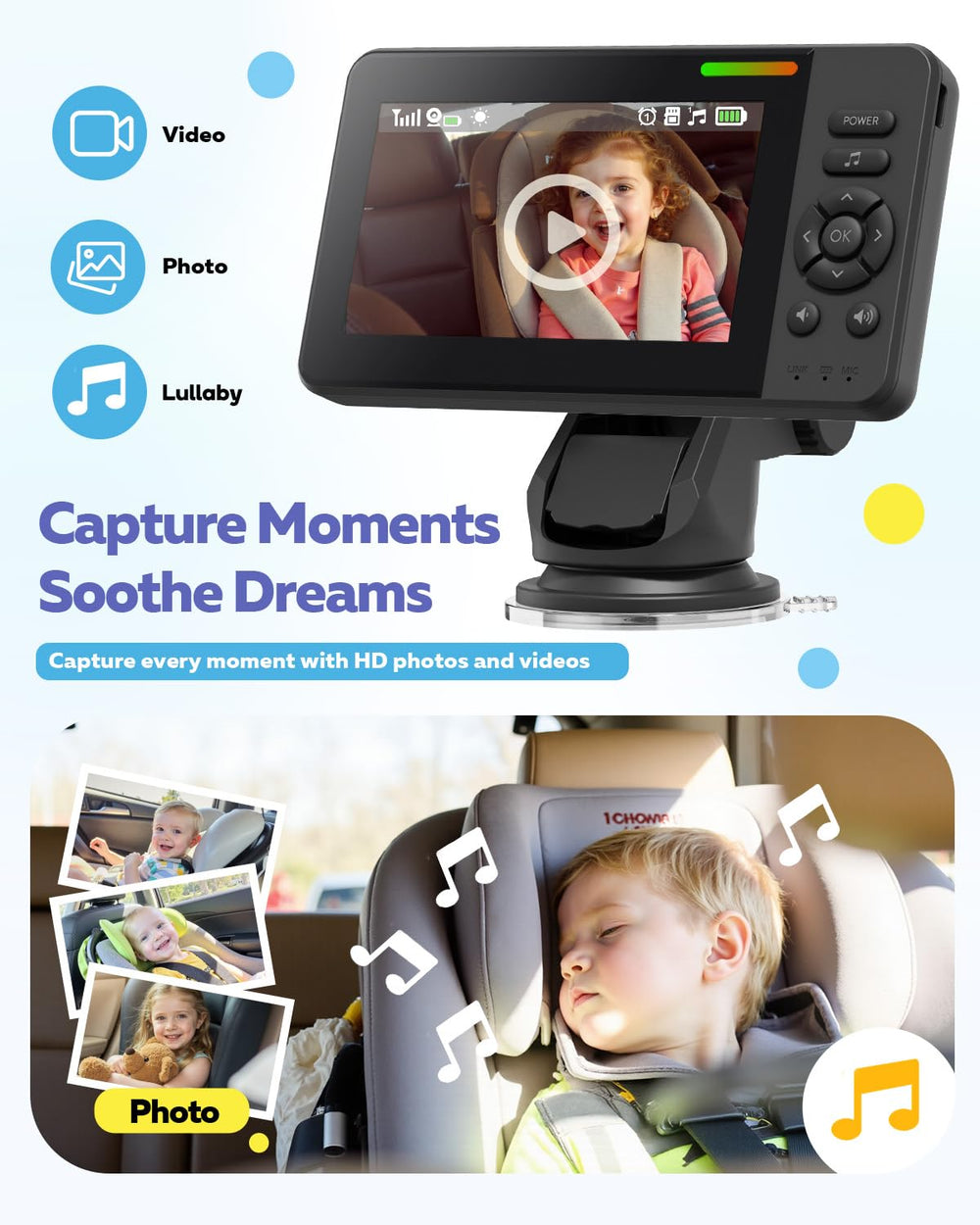 Elzeeo baby car camera headrest mount keeps camera secure.