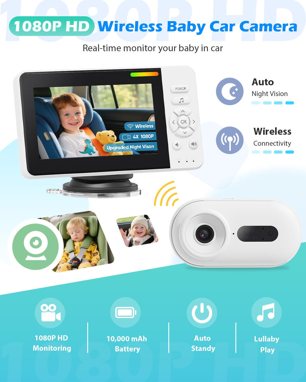 Elzeeo baby car camera night vision enables safe monitoring in low light conditions.