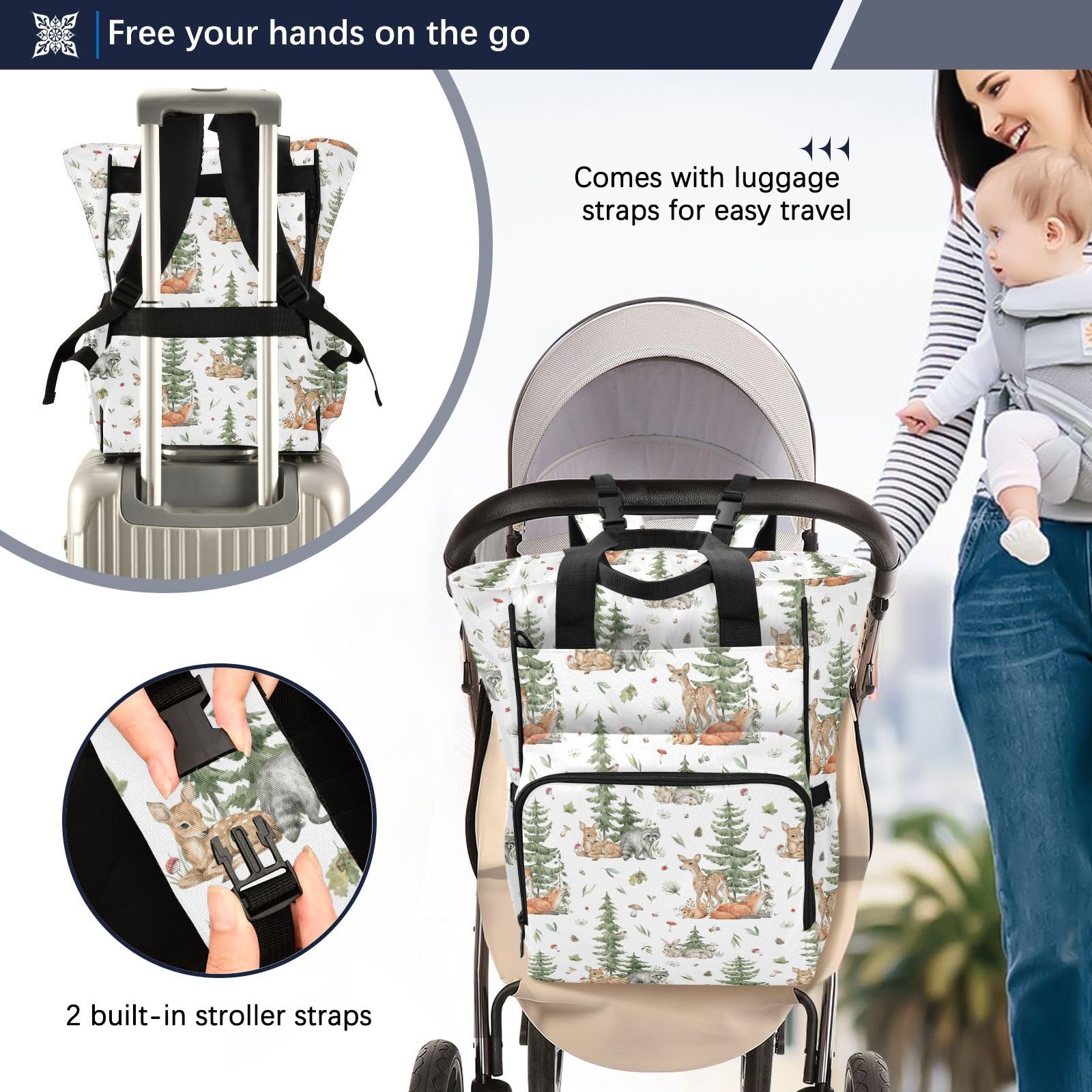 Emelivor Forest Animals Diaper Bag back pocket for quick access items