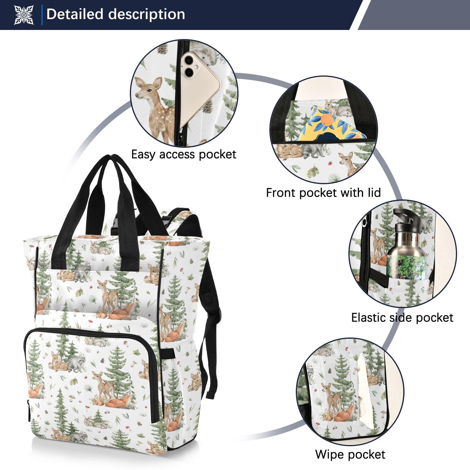 Emelivor Forest Animals Diaper Bag showing bottle pockets for on the go feeding
