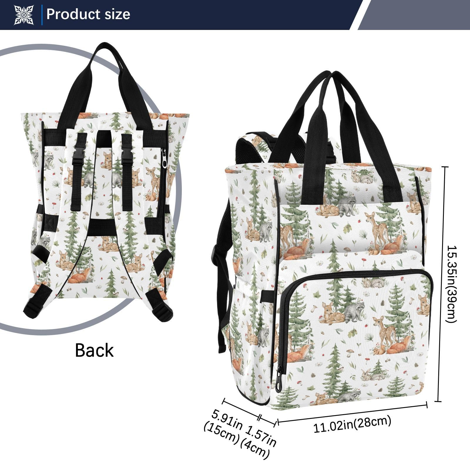 Emelivor Forest Animals Diaper Bag with stroller straps for hands free travel