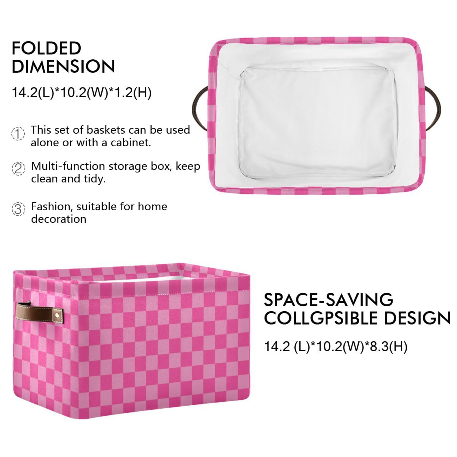 Emelivor pink checkered storage bin, open top, easy access for toys and laundry.