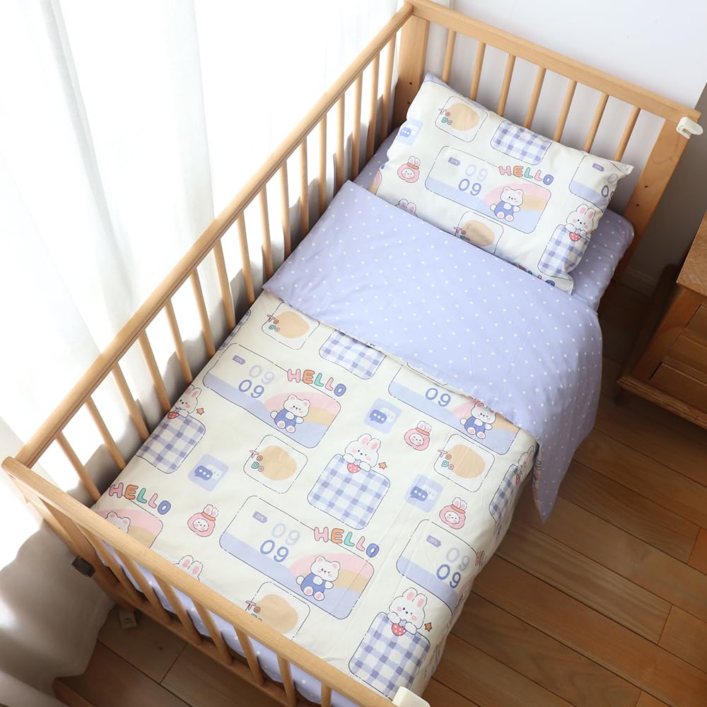 Emenpy 100% cotton crib bedding purple duvet cover closeup shows soft skin-friendly fabric for gentle naps