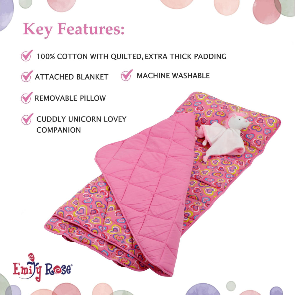 Emily Rose nap mat fits standard daycare cubbies for tidy storage.