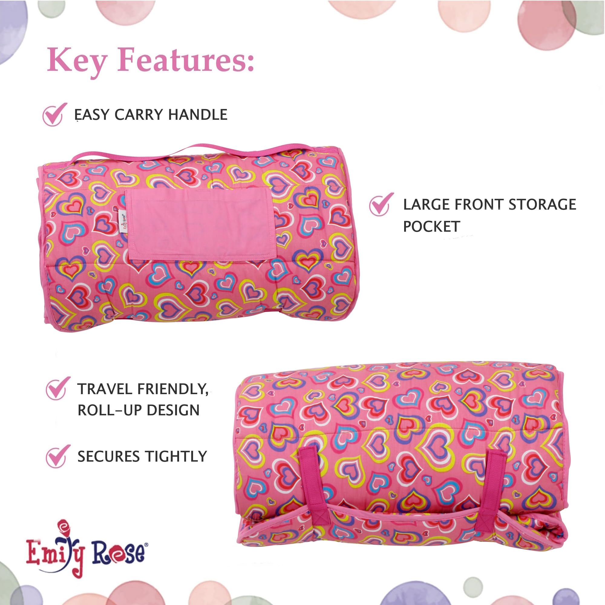 Emily Rose pink nap mat rolled with attached carrying strap for easy transport.