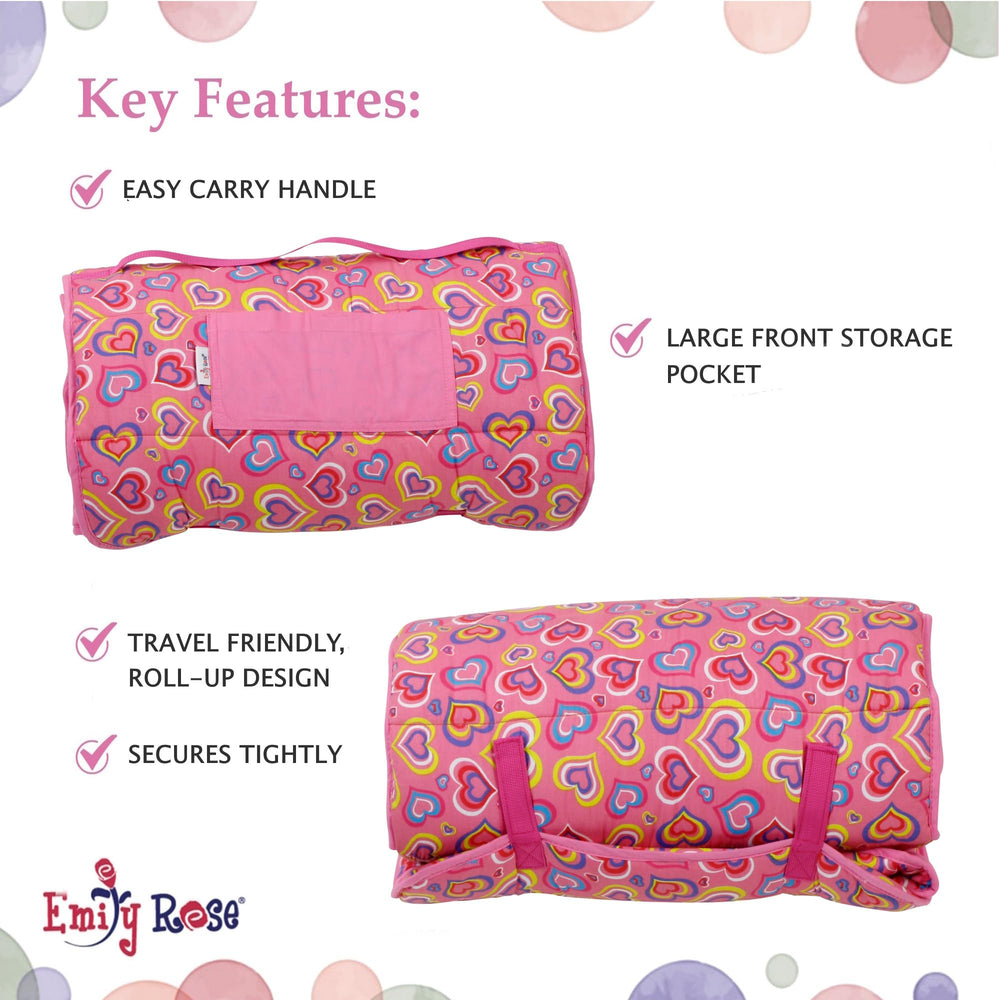 Emily Rose pink nap mat rolled with attached carrying strap for easy transport.