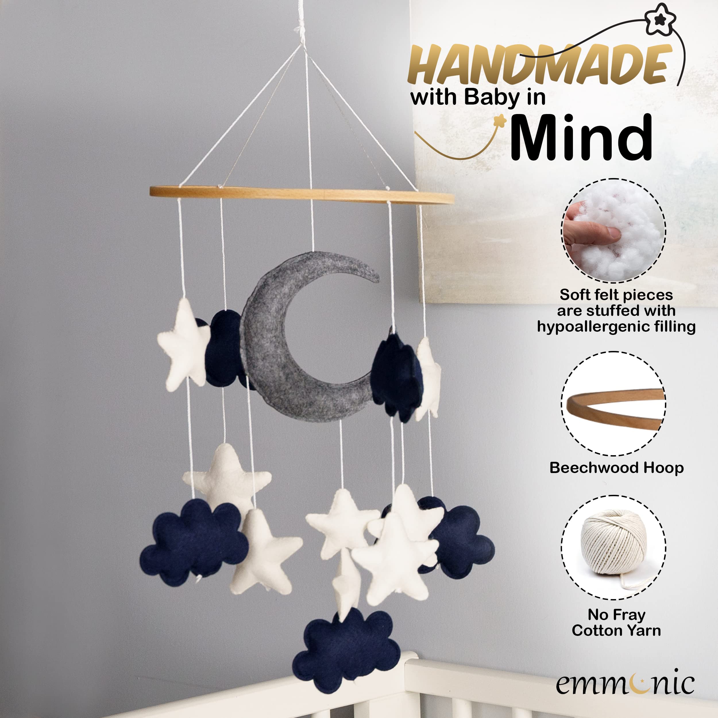 EMMNNIC baby-mobile blue moon visuals aid gentle sleep cues for newborns.