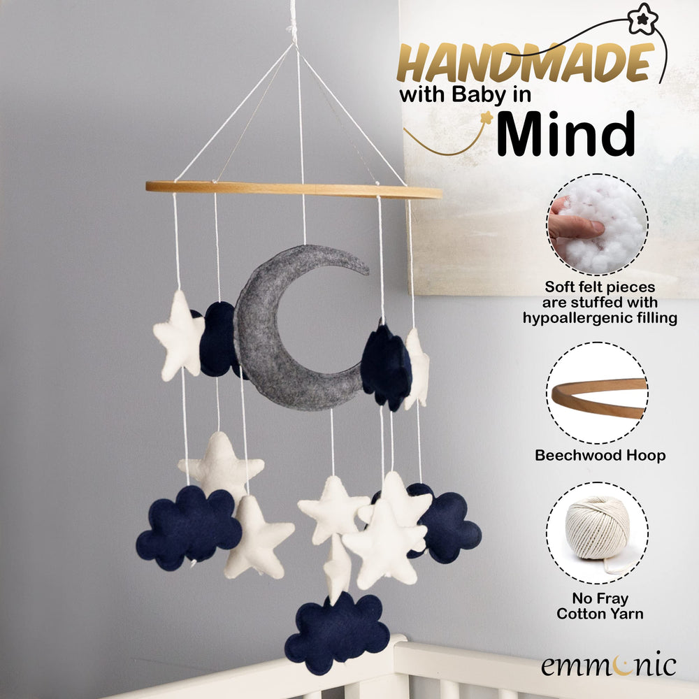 EMMNNIC baby-mobile blue moon visuals aid gentle sleep cues for newborns.