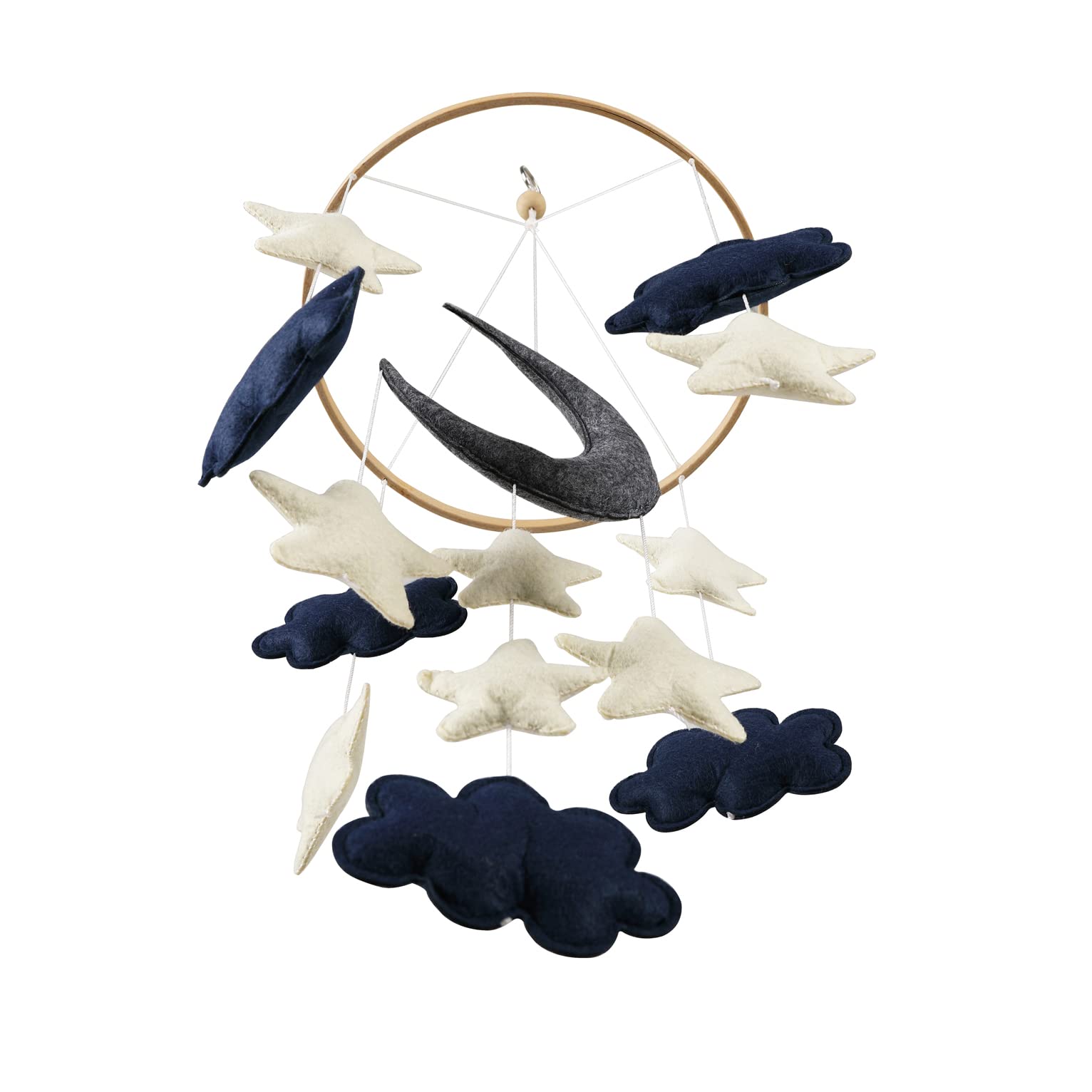 EMMNNIC baby-mobile blue moon installation demonstrates easy hanging and adjustable length.