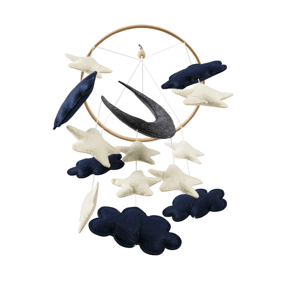 EMMNNIC baby-mobile blue moon installation demonstrates easy hanging and adjustable length.