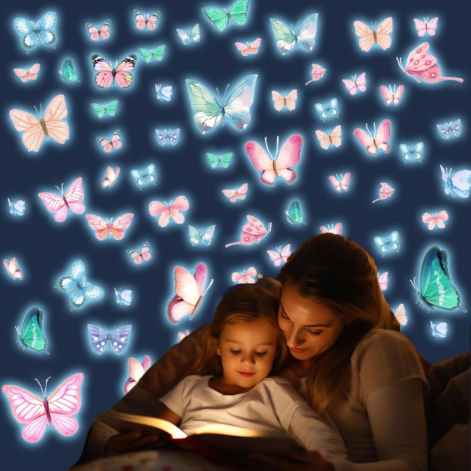 EMPCYDIA glow butterfly wall decal kit on wall, creates dreamy night light for kids' room.