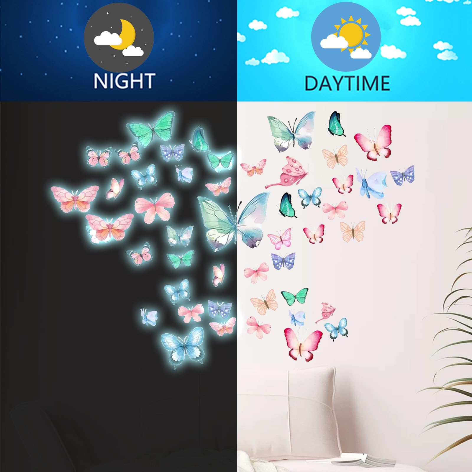 EMPCYDIA glow butterfly wall decals brighten living rooms or nurseries after dusk.