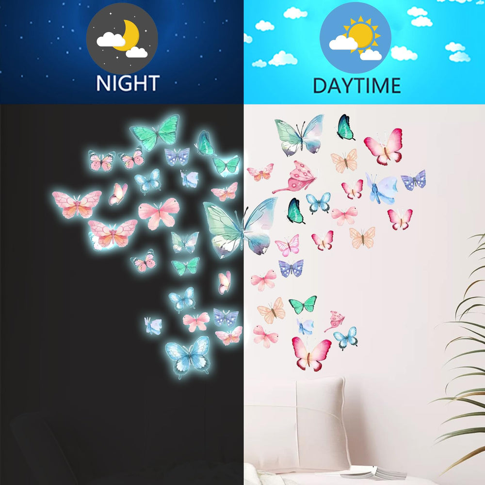 EMPCYDIA glow butterfly wall decals brighten living rooms or nurseries after dusk.