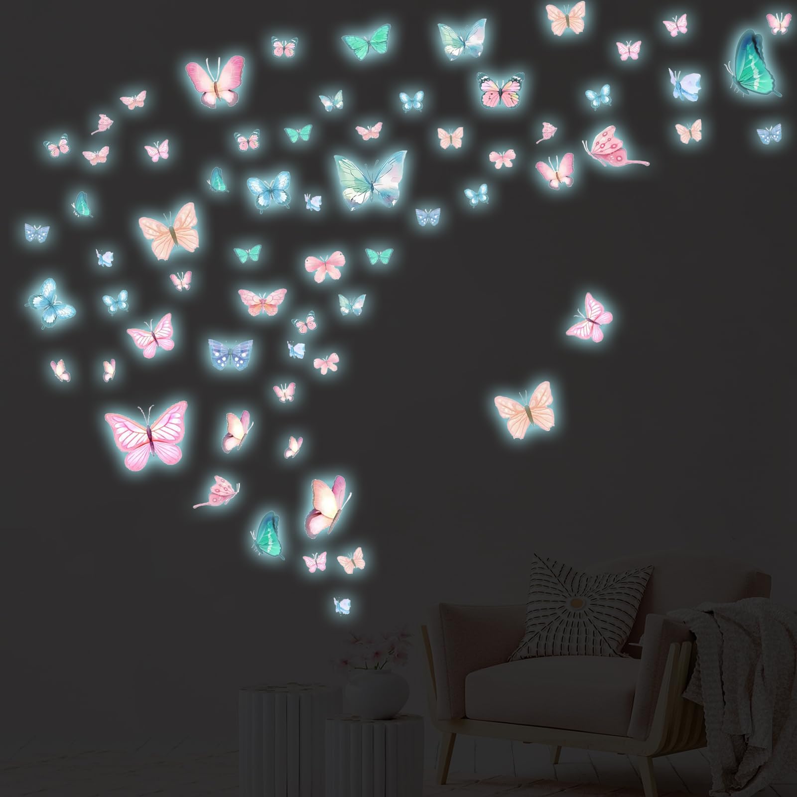 EMPCYDIA glow-in-the-dark butterflies glow for 8+ hours after daytime charging.