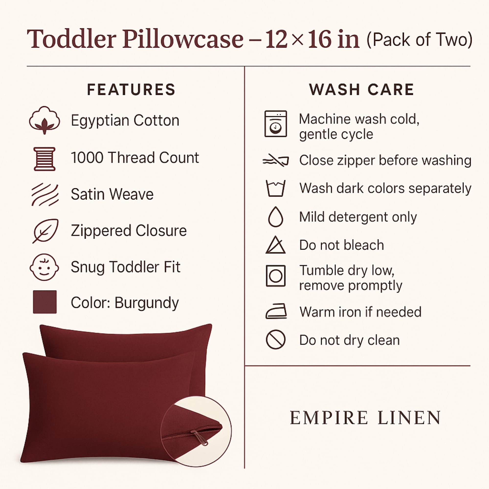 Empire Linens Toddler Pillowcase; 2-pack provides convenient backups for quick changes.