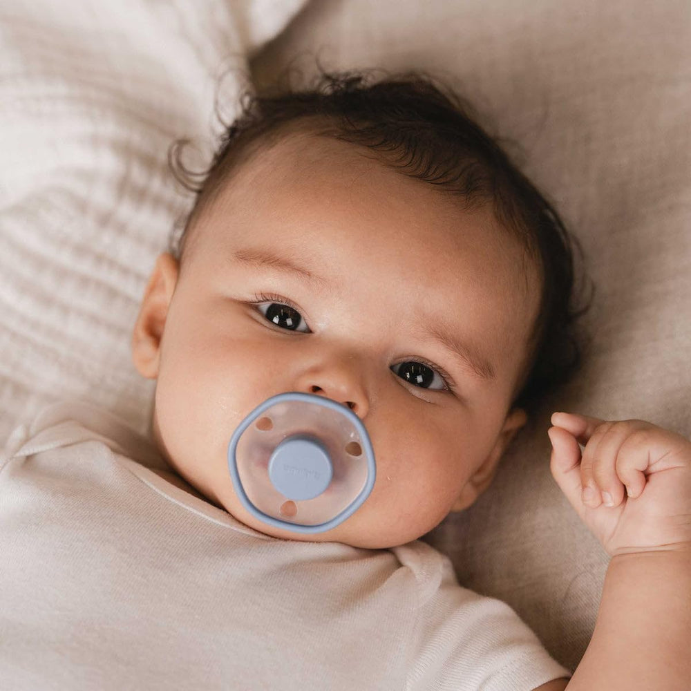 Emulait baby pacifier BPA-free-silicone closeup stresses safety and easy cleaning.