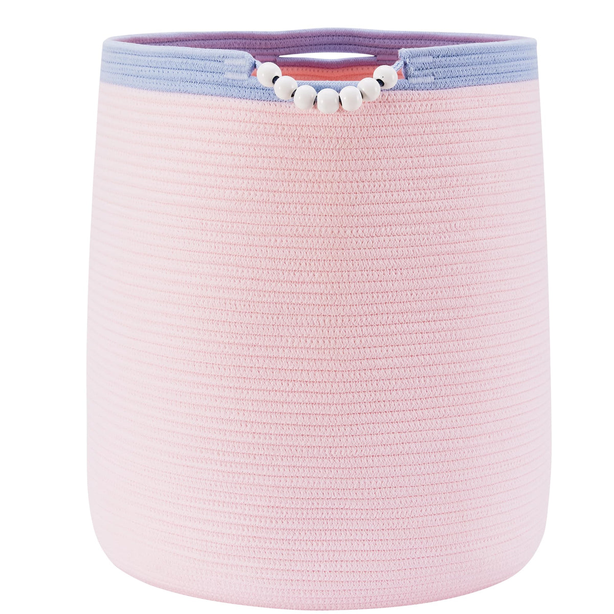 ENAORGAN 65L pink woven rope hamper, side view, easy-to-move nursery organizer.
