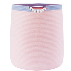 ENAORGAN 65L pink woven rope hamper, side view, easy-to-move nursery organizer.