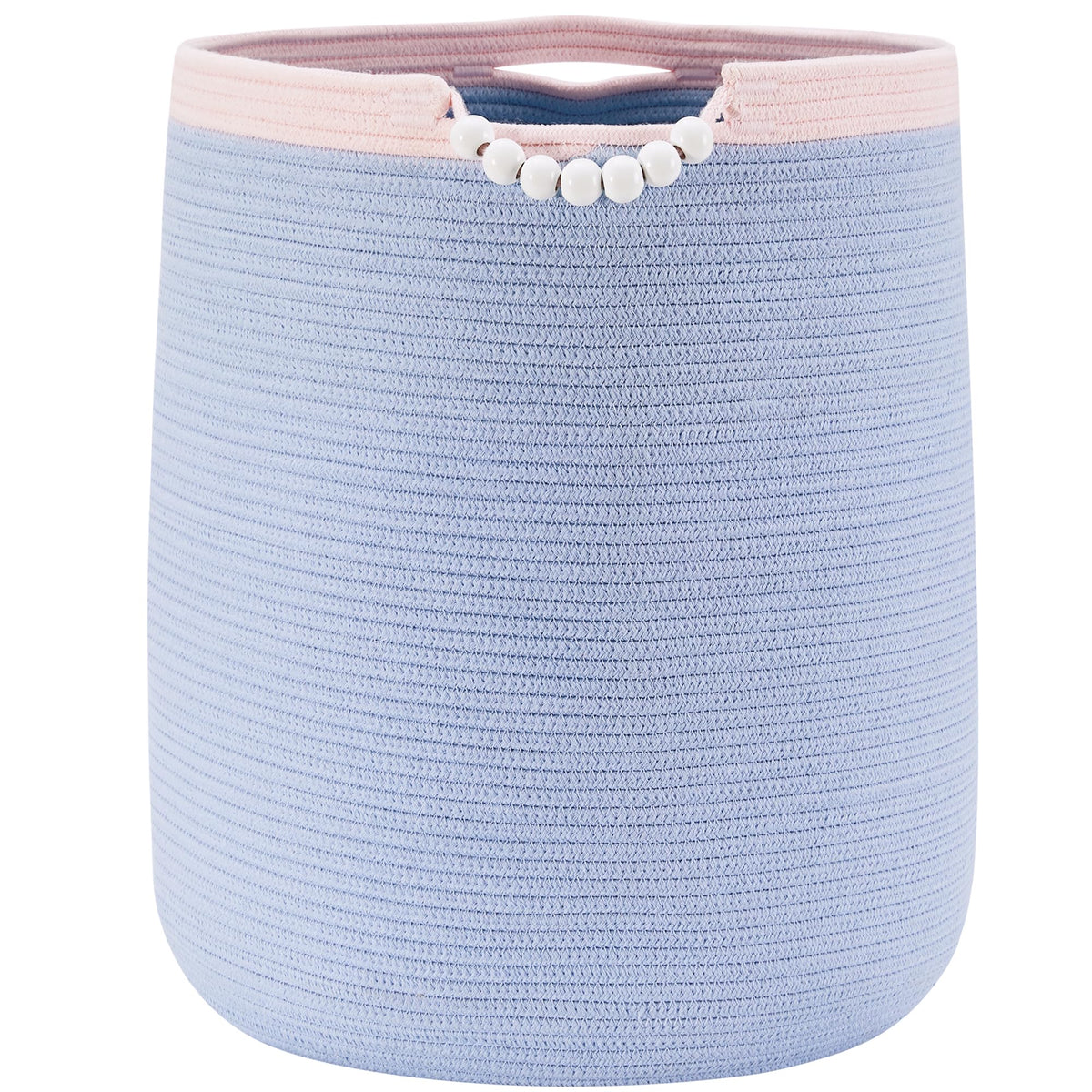 ENAORGAN 90L blue rope laundry hamper front view ideal for toy storage in nurseries.