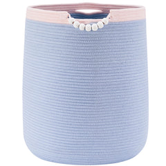 ENAORGAN 90L blue rope laundry hamper front view ideal for toy storage in nurseries.