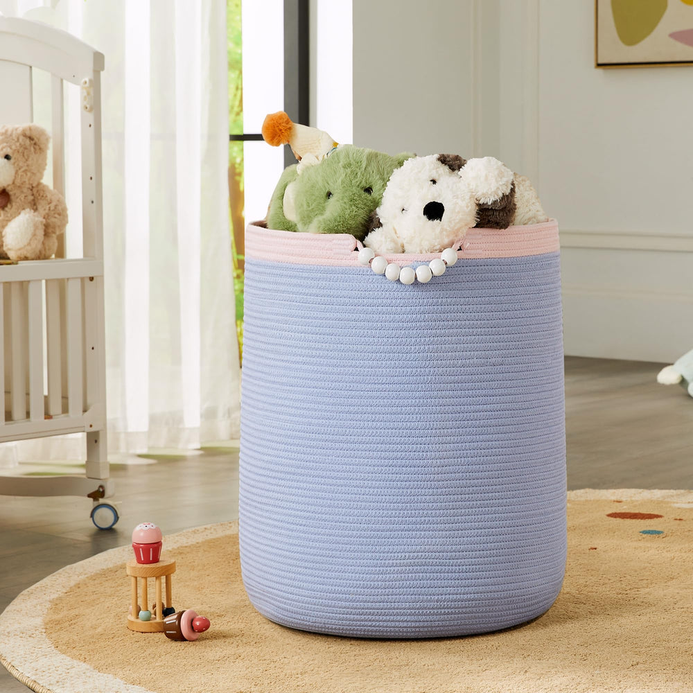 ENAORGAN 90L blue rope laundry hamper close-up—soft cotton rope texture for baby-safe spaces.