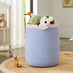 ENAORGAN 90L blue rope laundry hamper close-up—soft cotton rope texture for baby-safe spaces.