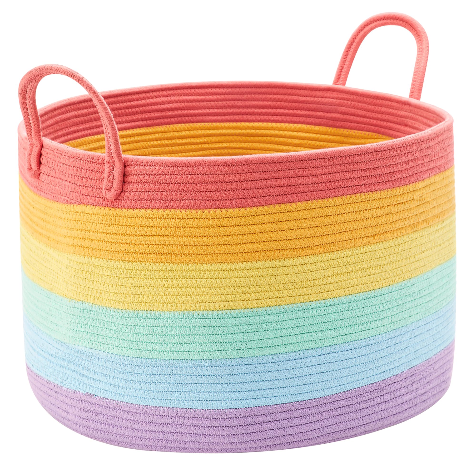 enaorgan rainbow basket full view shows versatile toy and blanket storage in living room