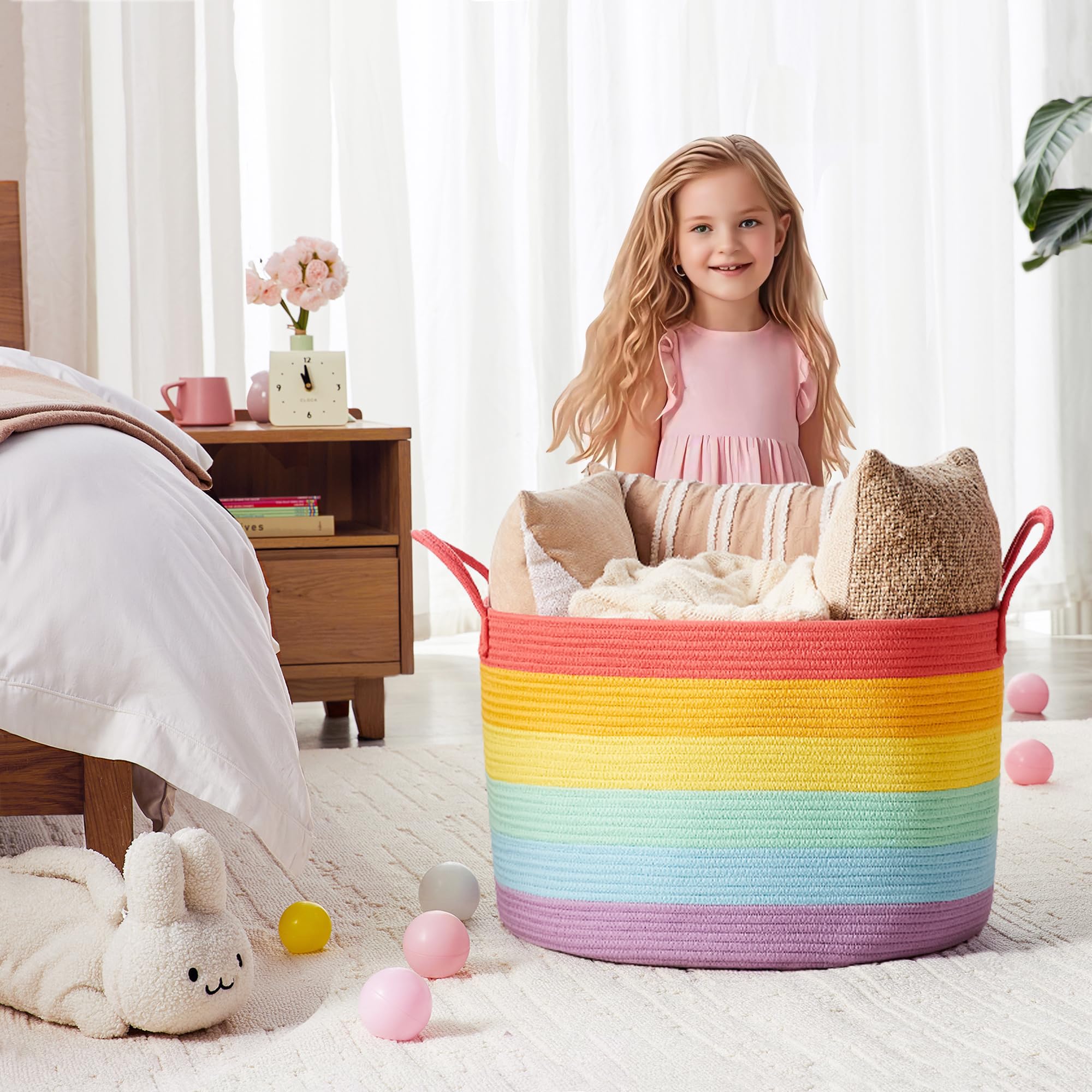 enaorgan rainbow basket in living room elevates decor while concealing toys and throws