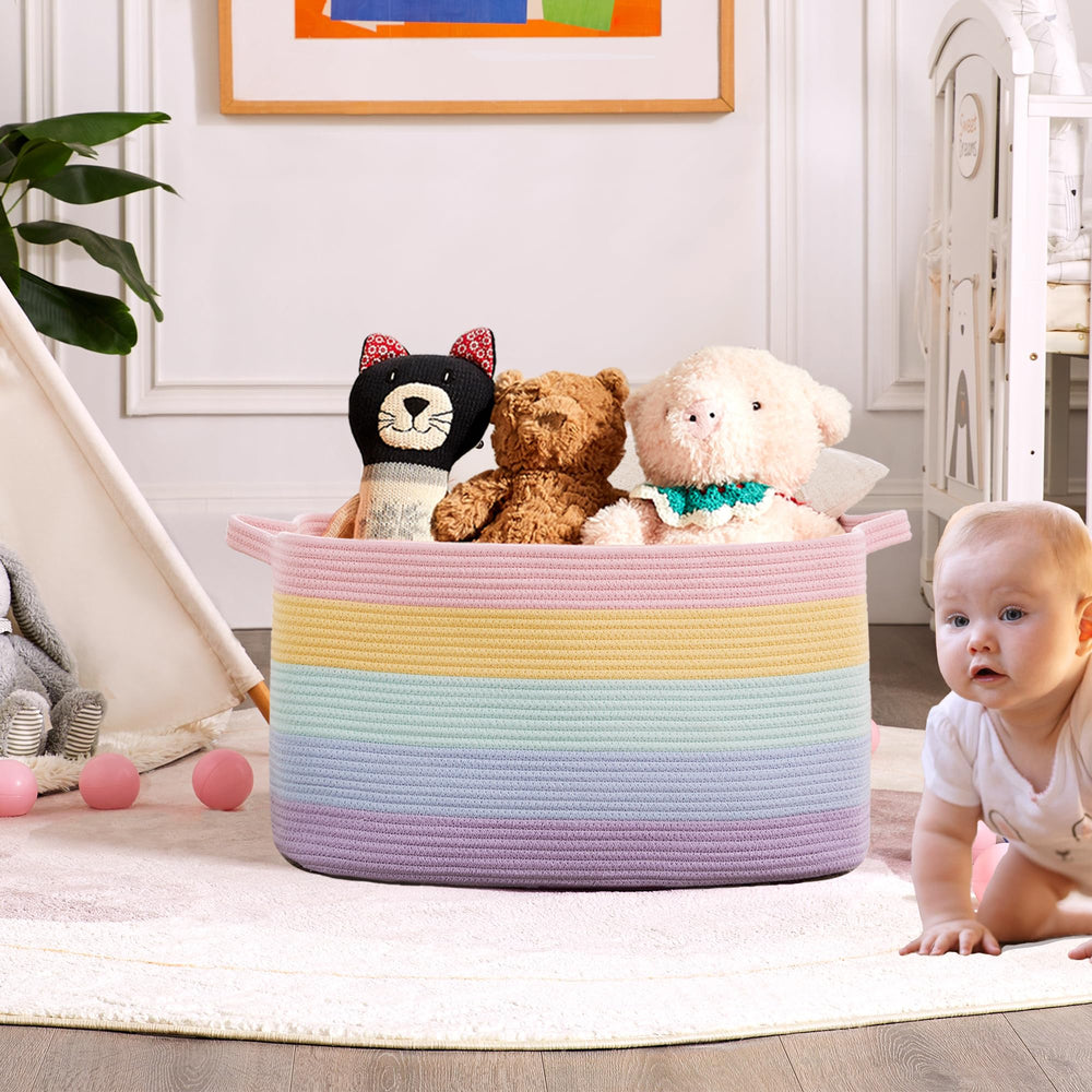 ENAORGAN rainbow basket with reinforced handles demonstrates easy transport of clothes and blankets