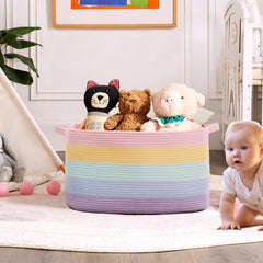 ENAORGAN rainbow basket with reinforced handles demonstrates easy transport of clothes and blankets