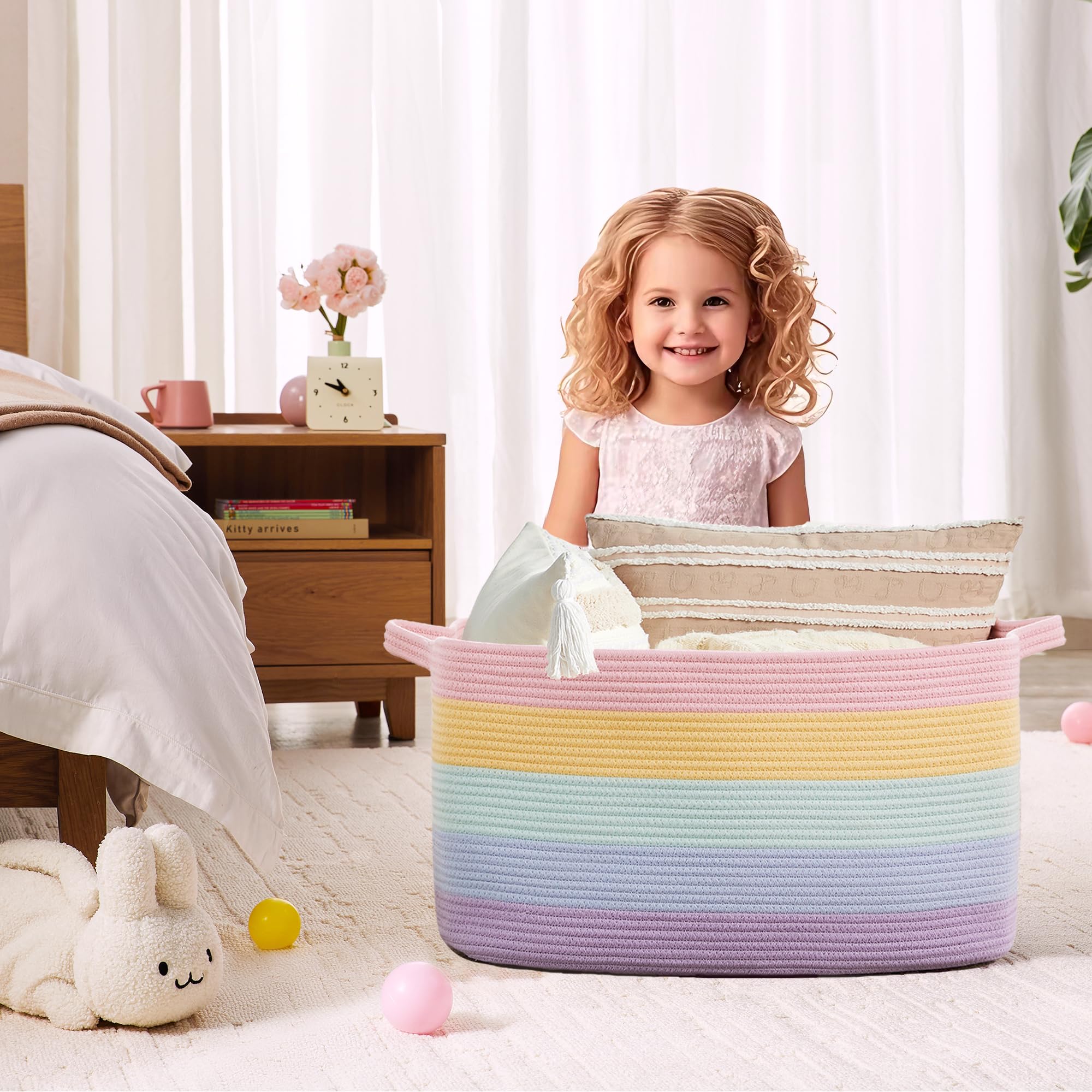 ENAORGAN rainbow storage basket complements living room decor with playful colorful accent