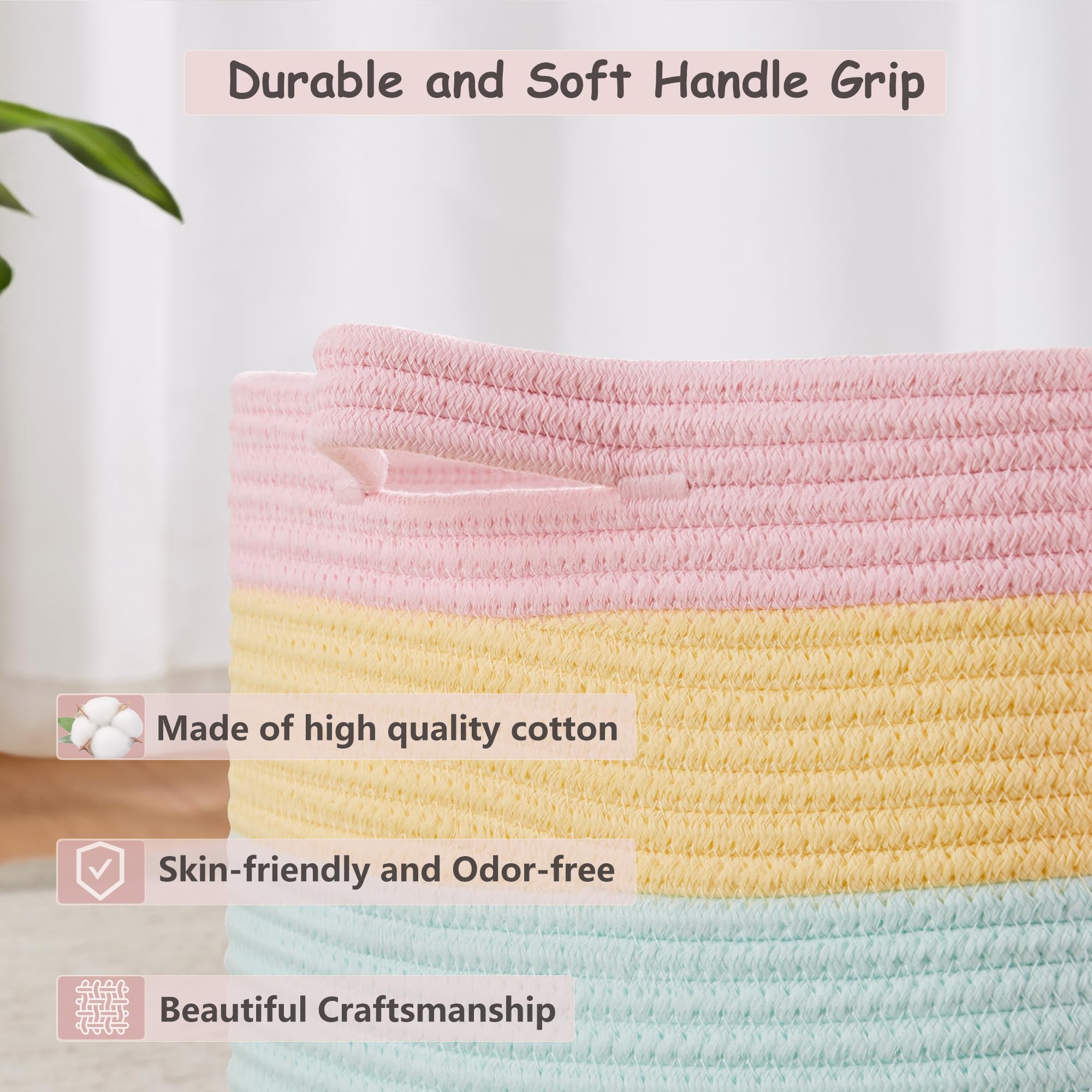 ENAORGAN rainbow cotton rope basket shows a stand-alone base for upright use in rooms