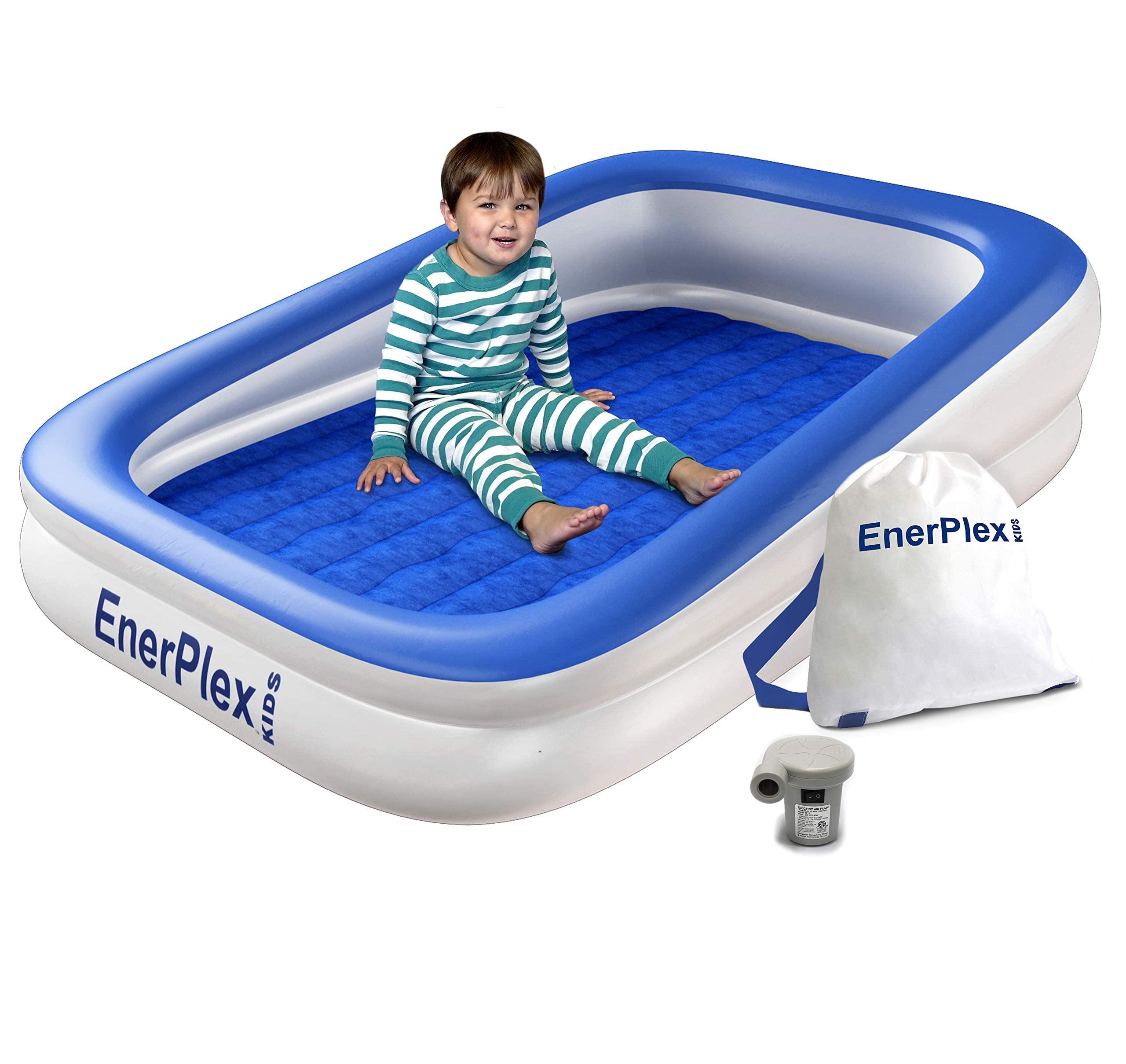 EnerPlex Kids Inflatable Travel Bed blue shows compact travel-ready sleep for toddlers