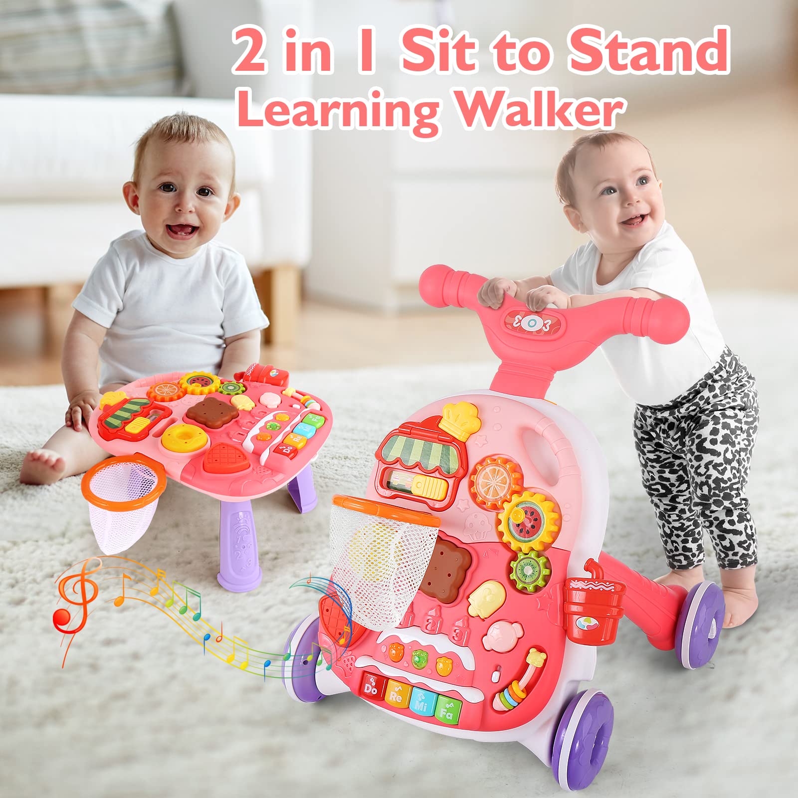 eners 2-in-1 pink walker features anti-skid tires for safer exploration