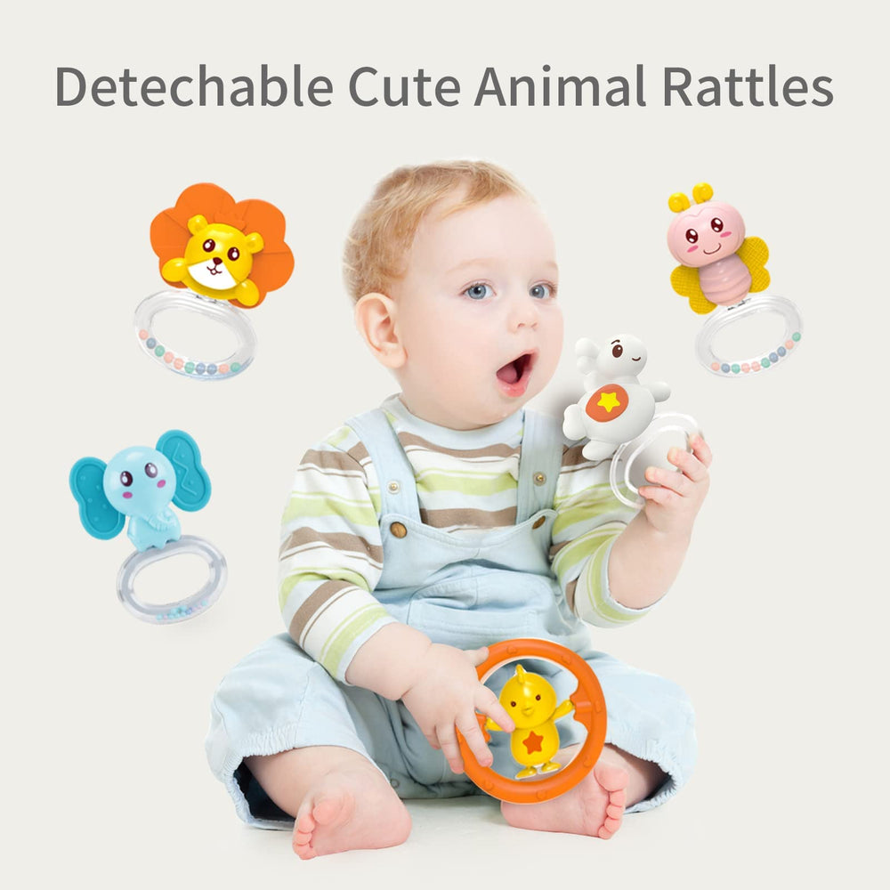 eners animal shaped rattles offer sensory exploration during mobile play.
