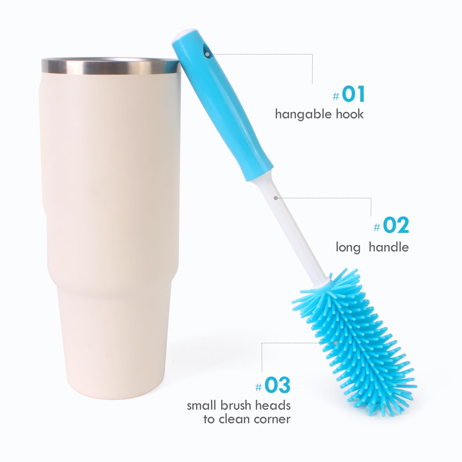 Engorgio cup lid brush highlights U-shaped silicone tip for mouth rim cleaning.