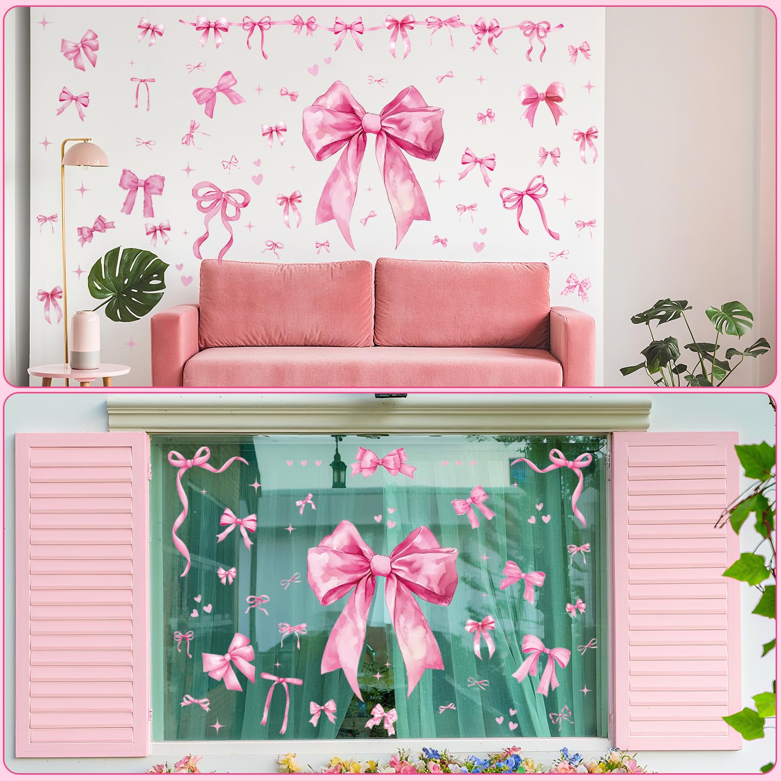 Engrowtic pink bow wall decal application closeup shows easy, residue-free use.