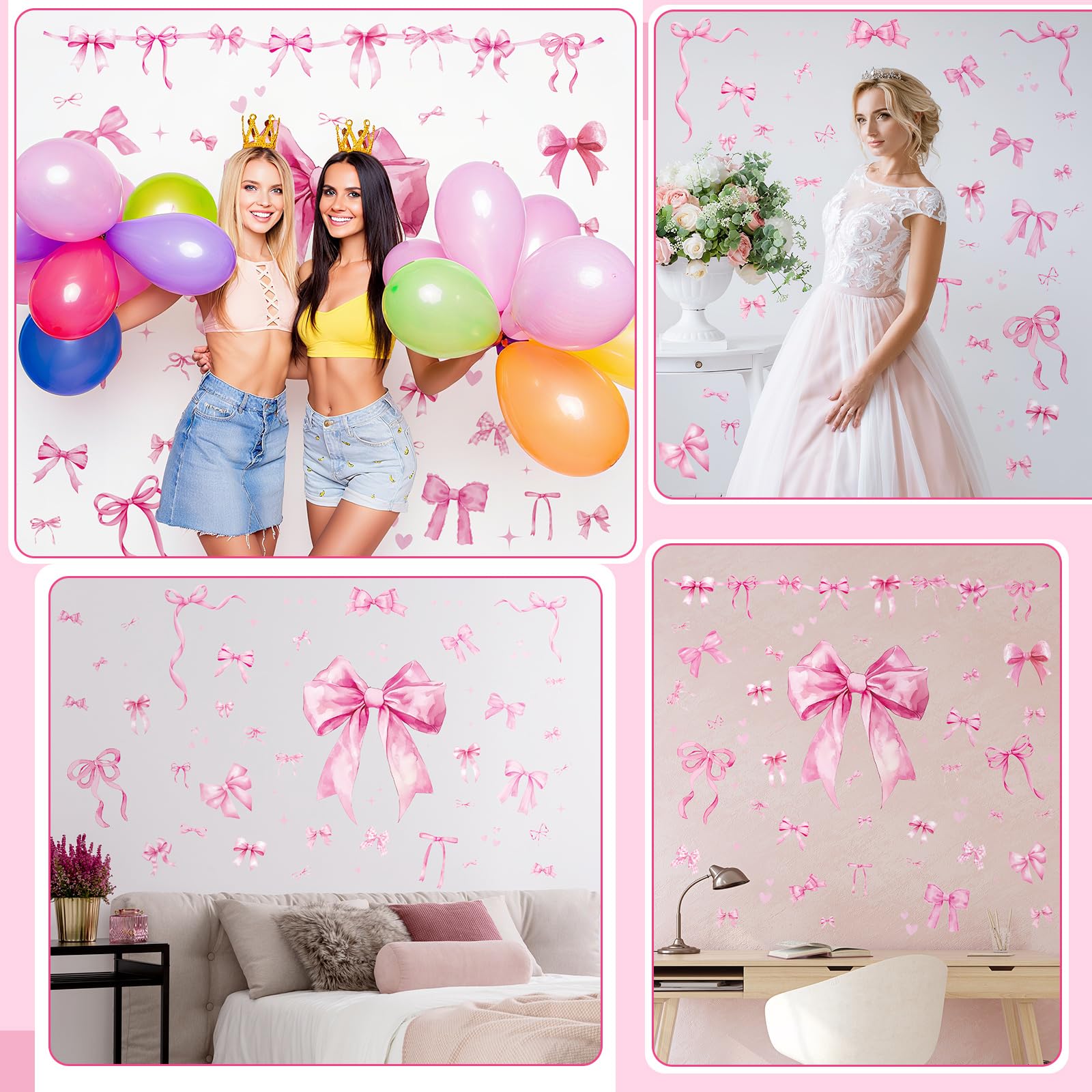 Engrowtic pink bow wall decal on door demonstrates quick, mess-free decorating.
