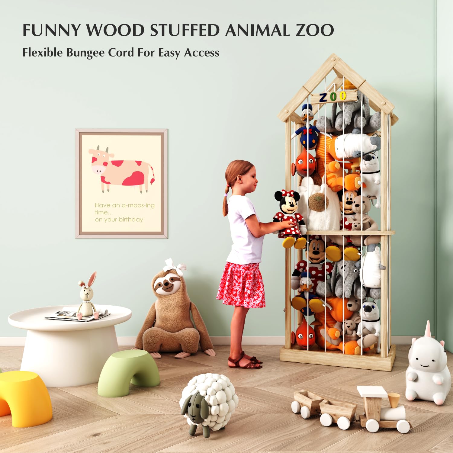 Eniffbaa stuffed animal storage zoo close-up wood detail emphasizes sturdy construction.
