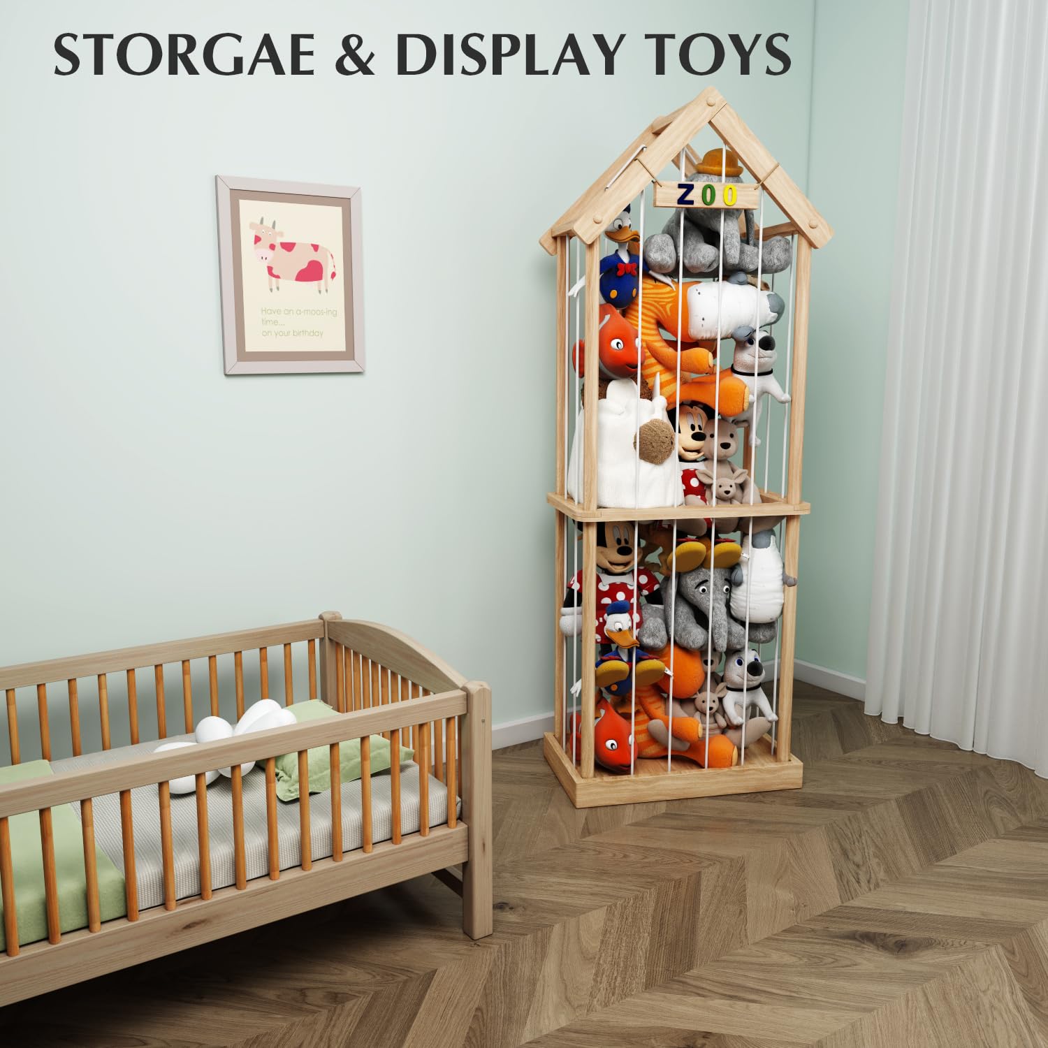 Eniffbaa stuffed animal storage zoo front view highlighting spacious toy organization.