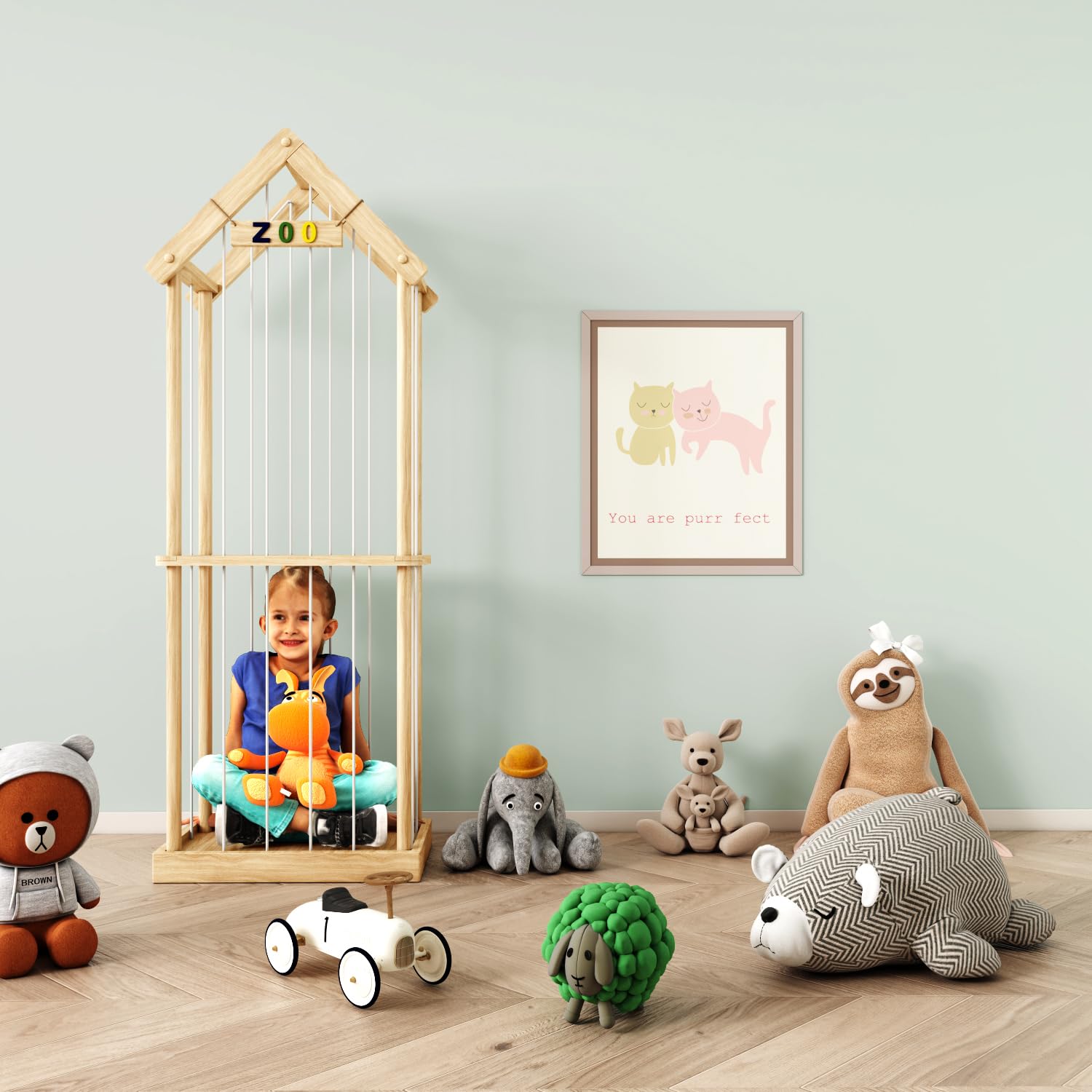 Eniffbaa stuffed animal storage zoo pattern highlights playful display for playroom.