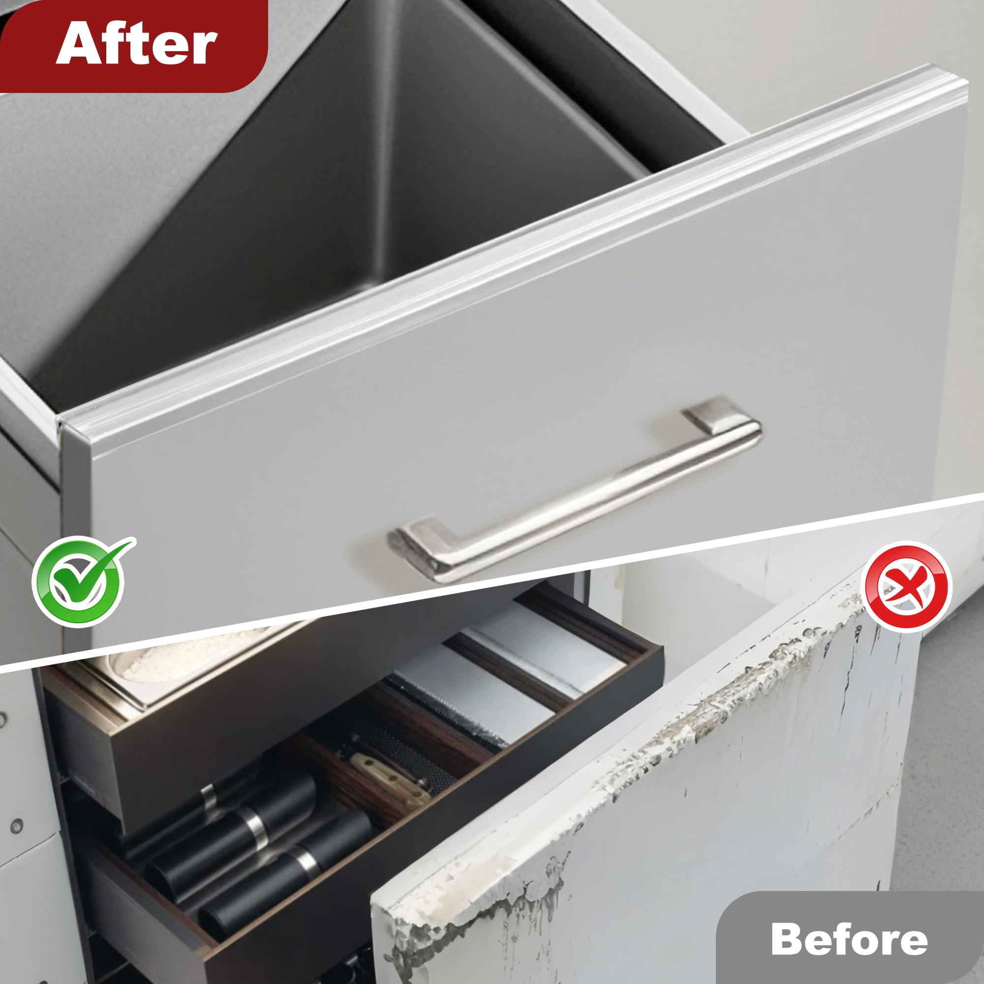 Enjaya slip-on plastic protector installed without adhesive on cabinet edge