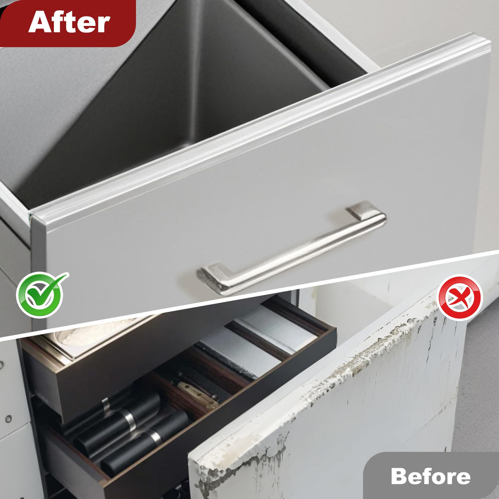 Enjaya slip-on plastic protector installed without adhesive on cabinet edge