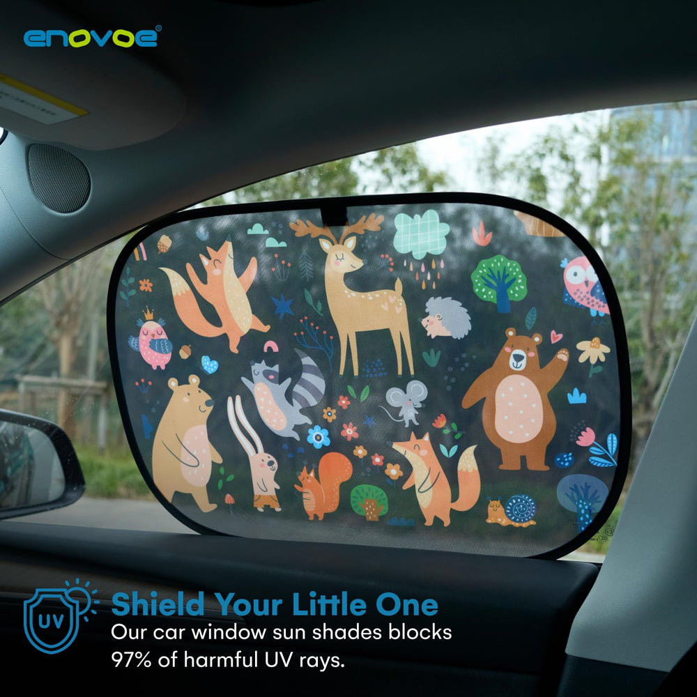 Enovoe car window shades installed in an SUV to block harsh sun on a road trip.