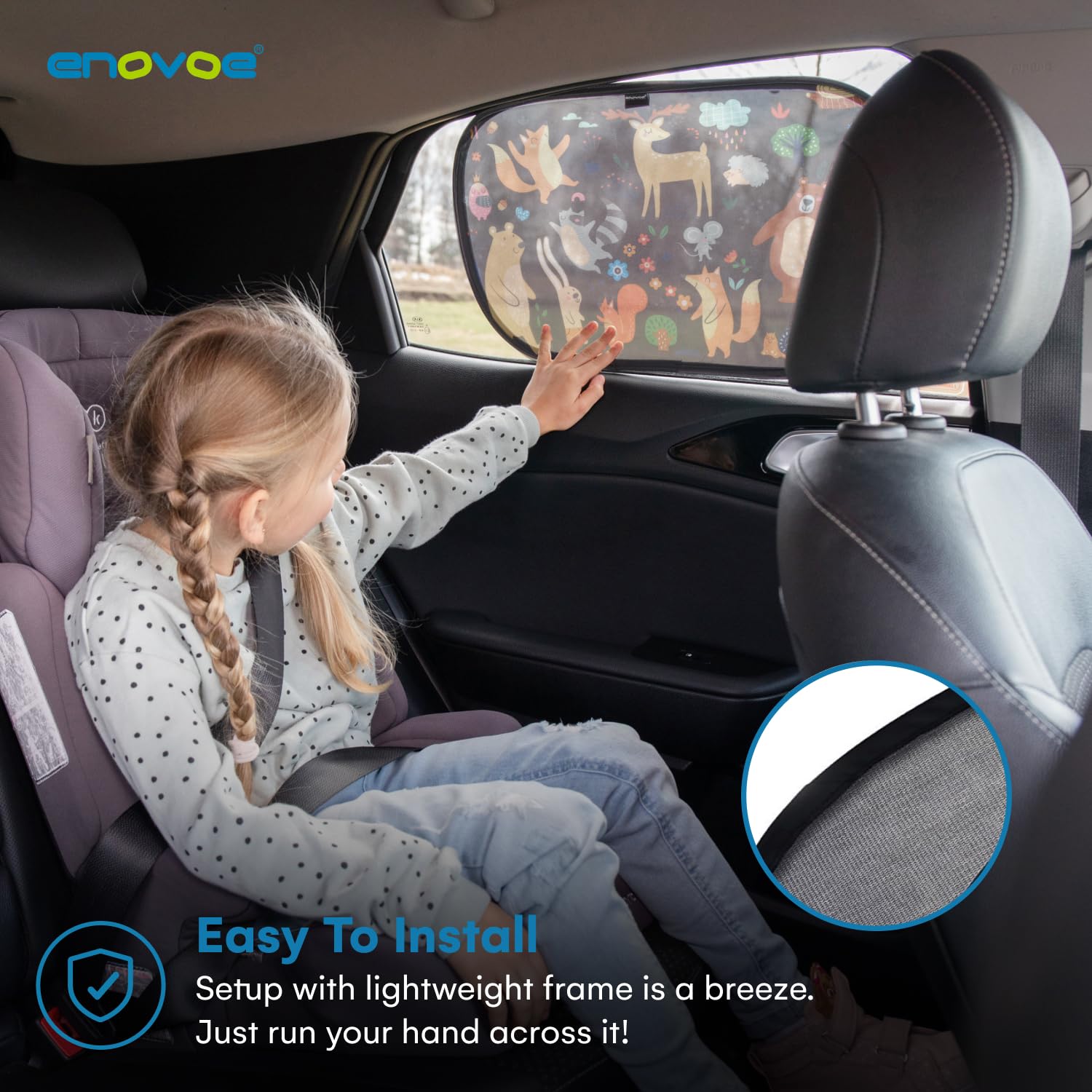 Enovoe static-cling shade attachment demonstrates quick, tool-free installation.