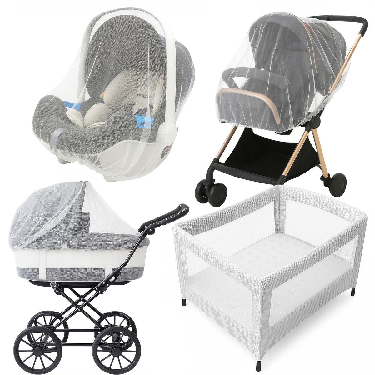 Enovoe mosquito net over a stroller in white protects baby from insects during a sunny walk.