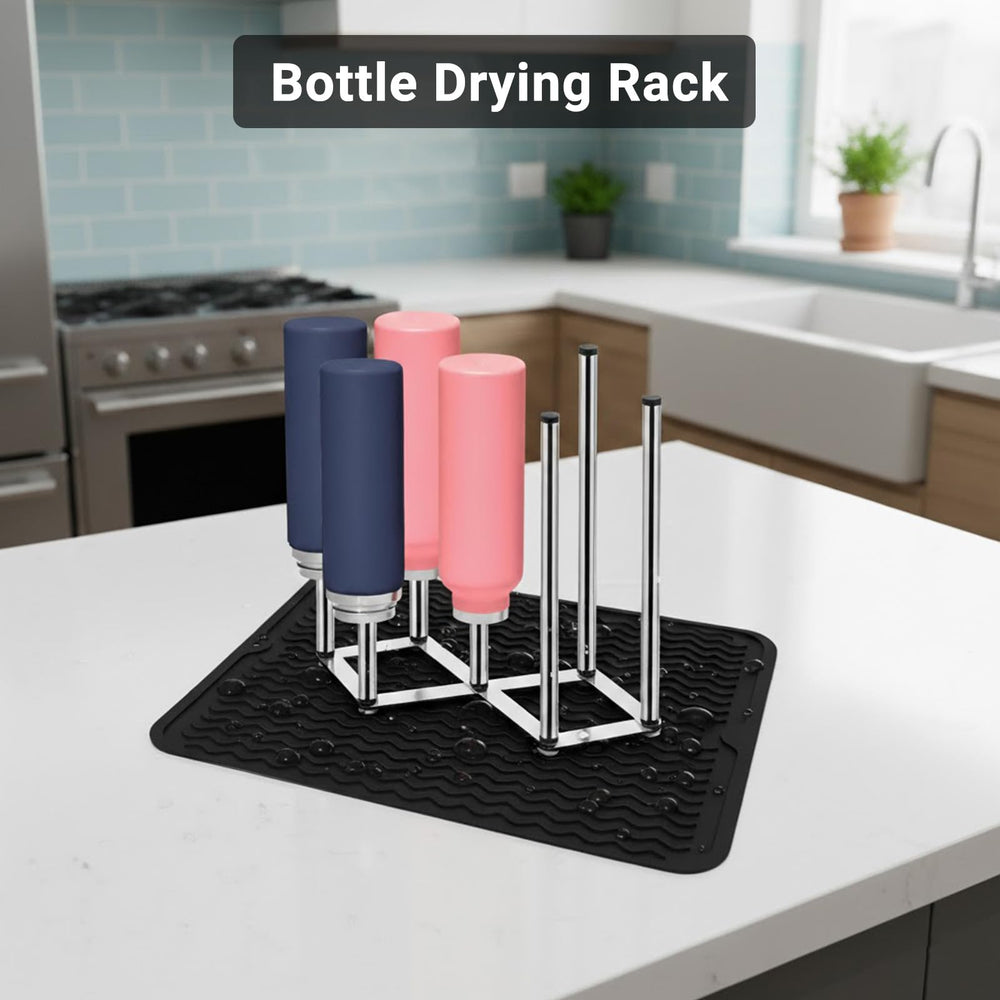 Enprotty drying rack with tumblers and wine glasses shows quick drainage and stemware organization.