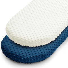 Entisn bassinet sheet set in navy dot design offers a soft, cozy sleep surface.