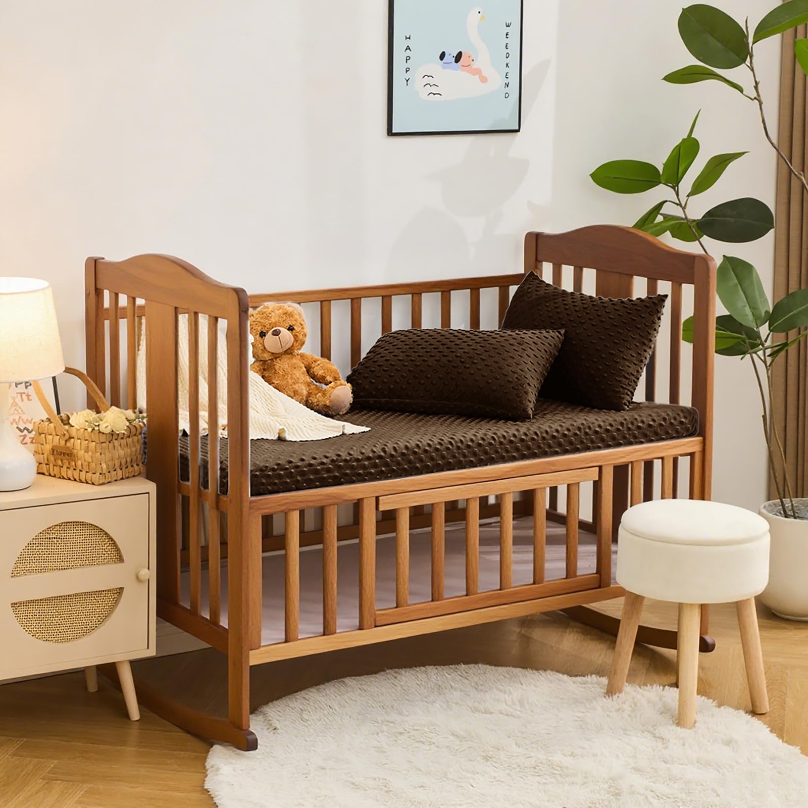 Entisn crib sheet variant in chocolate brown blends with nursery decor