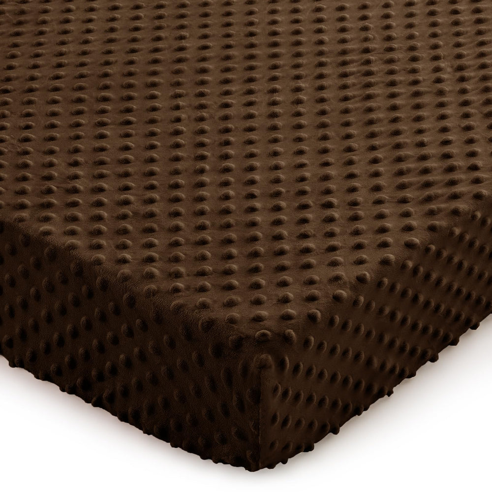Entisn Minky Dot mini crib sheet shows secure fit with elastic pocket for standard mattresses